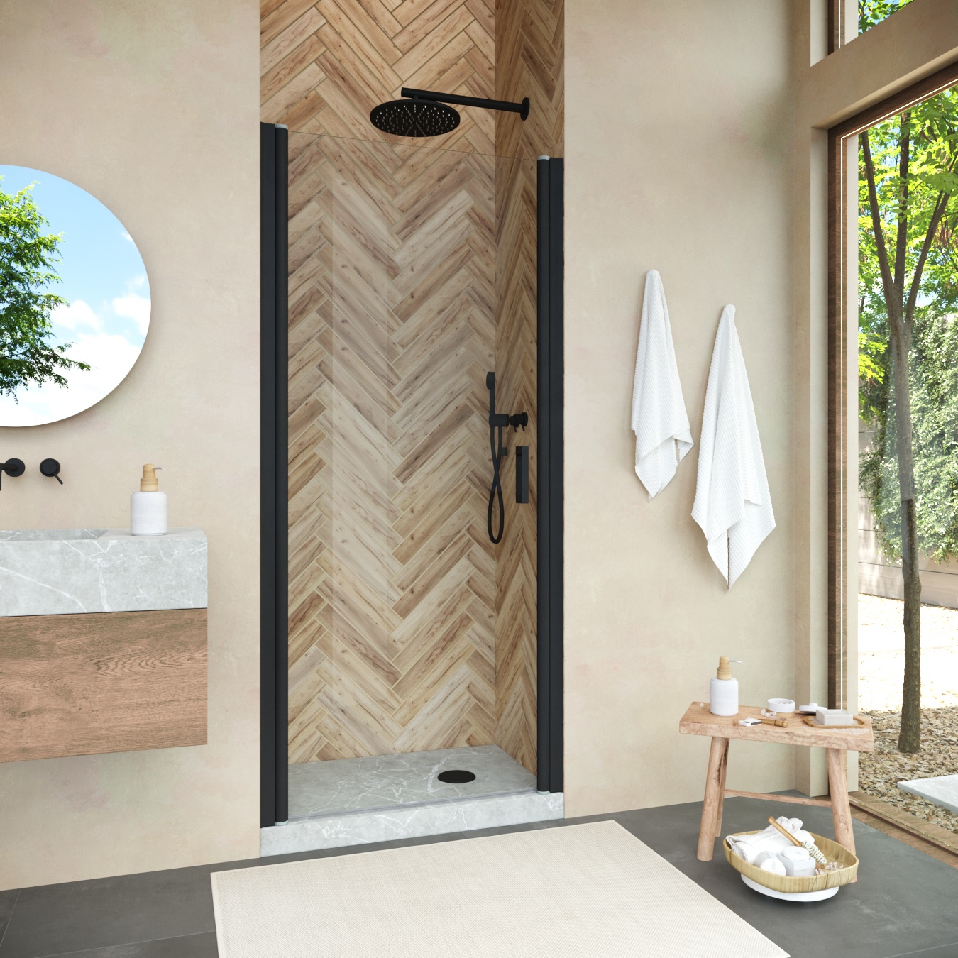 Душевая дверь в нишу Vegas Glass ЕР NOVO 90 02М crystalvision, профиль черный матовый, стекло crystalvision