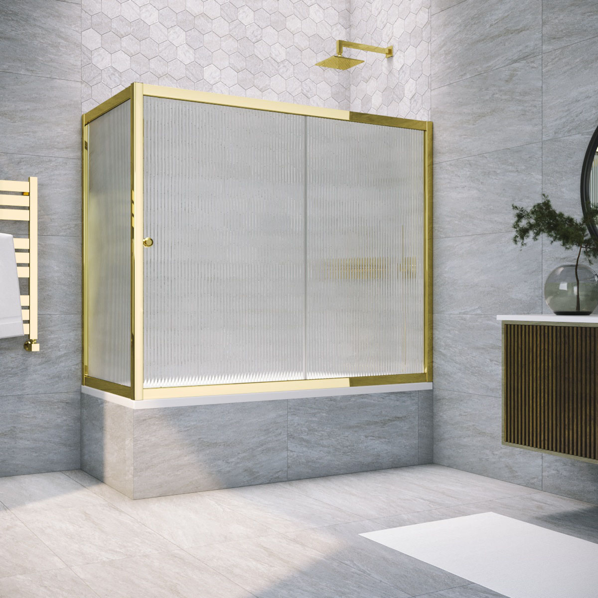 Шторка на ванну Vegas Glass  ZV+ZVF TUR NOVO 160*90 09 Moru, профиль золото глянцевое, стекло Moru