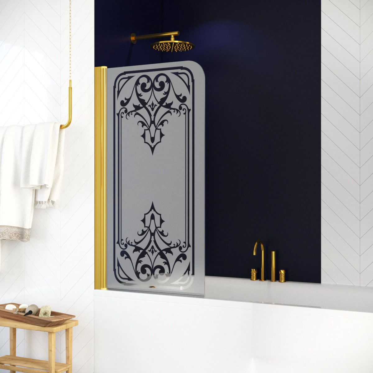 Шторка на ванну Vegas Glass EV 76 09 ARTDECO D1 L, профиль золото глянцевое, стекло с декором