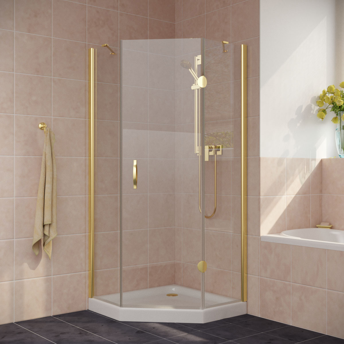 Душевой уголок Vegas Glass AFA-Pen LUX 110 09 01 R, профиль золото глянцевое, стекло прозрачное