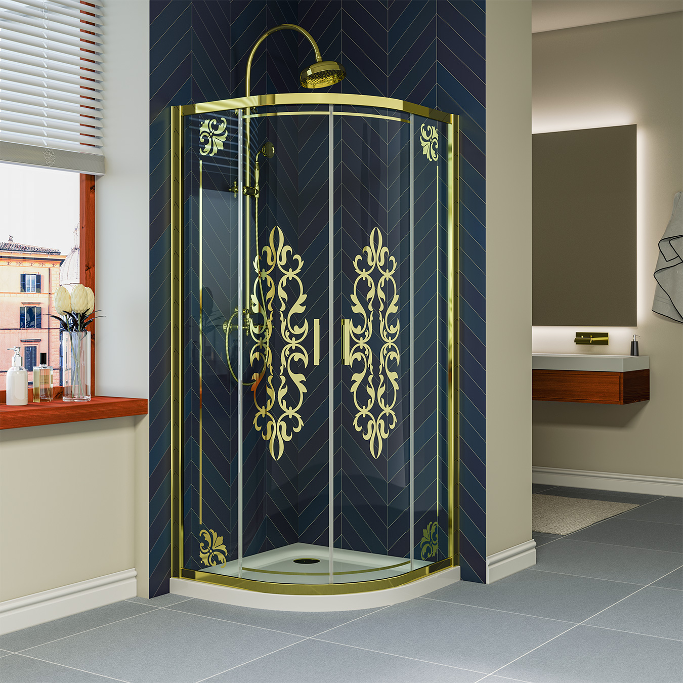 Душевой уголок Vegas Glass ZS TUR NOVO h1900 100 08 Felicita Gold, профиль глянцевый хром, стекло Felicita Gold