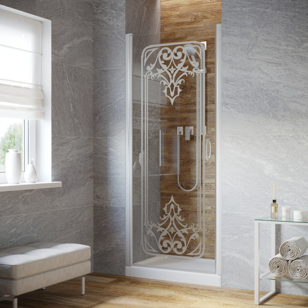 Душевая дверь в нишу Vegas Glass EP LUX 95 01 ARTDECO D1 L, профиль белый, стекло прозрачное, рисунок сатин