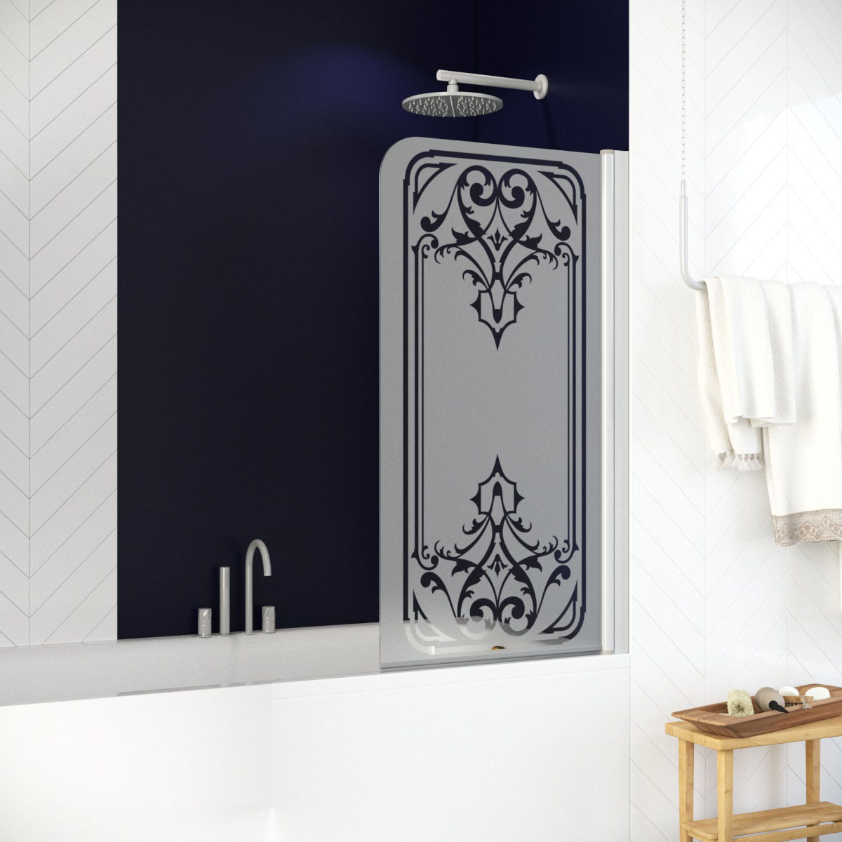 Шторка на ванну Vegas Glass EV NOVO 76 01 ARTDECO D1 R, профиль белый, стекло с декором