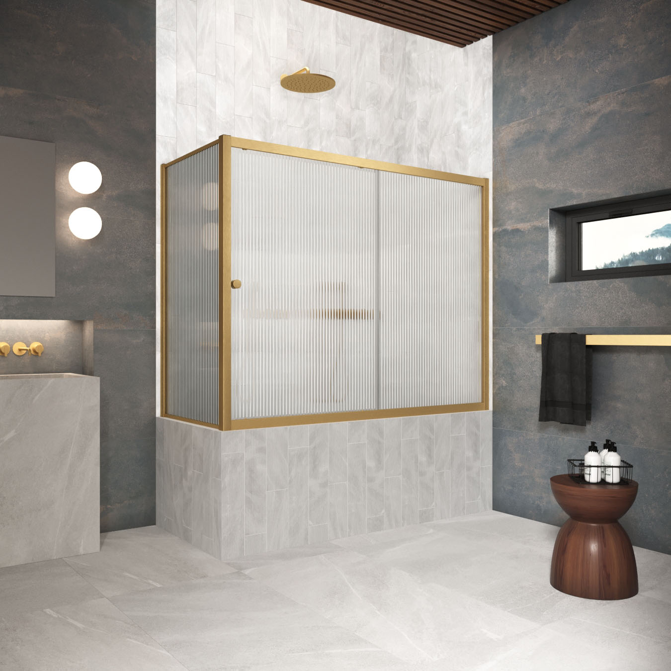 Шторка на ванну Vegas Glass  ZV+ZVF Protec 160*75 03 Moru, профиль золото матовое, стекло Moru