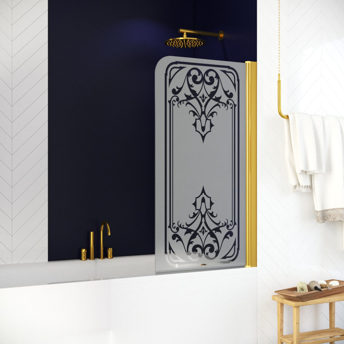 Шторка на ванну Vegas Glass EV 76 09 ARTDECO D1 R, профиль золото глянцевое, стекло с декором