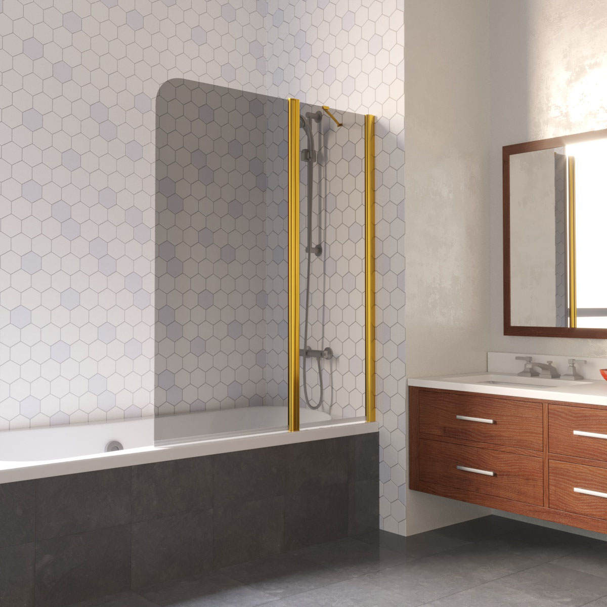 Шторка на ванну Vegas Glass E2V LUX ST 125 09 07 R, профиль золото глянцевое, стекло графит