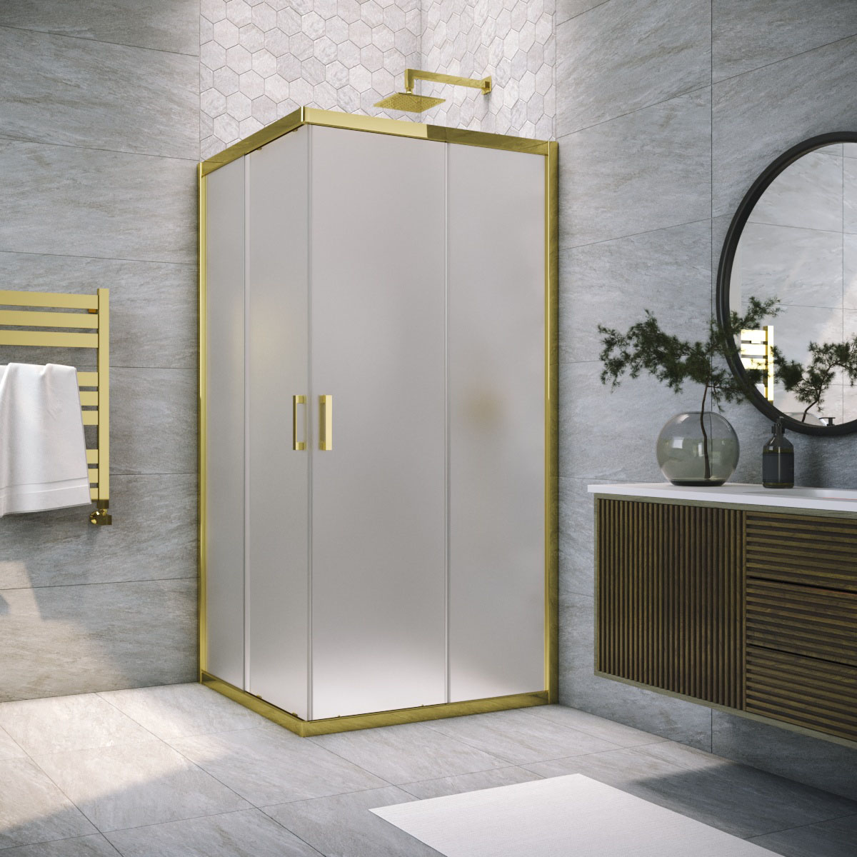 Душевой уголок Vegas Glass ZA TUR NOVO h1900 70 09 10, профиль золото глянцевое, стекло сатин