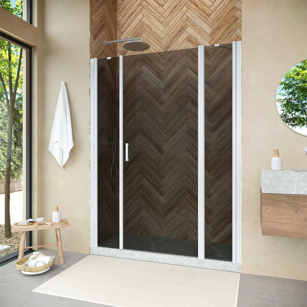 Душевая дверь в нишу Vegas Glass  EP-2F NOVO h2000 130 01 07 R, профиль белый, стекло графит