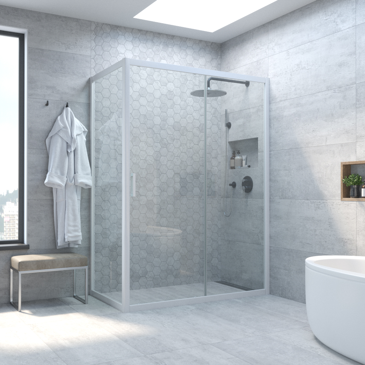 Душевой уголок Vegas Glass ZP+ZPV NOVO h2000 150*85 01 01, профиль белый, стекло прозрачное