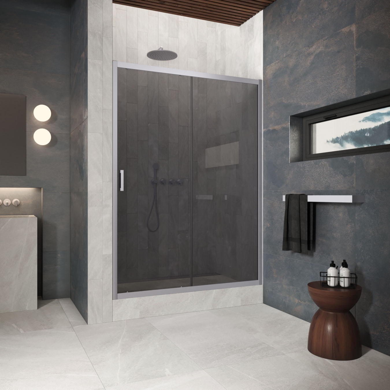 Душевая дверь в нишу Vegas Glass  ZP Protec h1900 125 07 07, профиль матовый хром, стекло графит