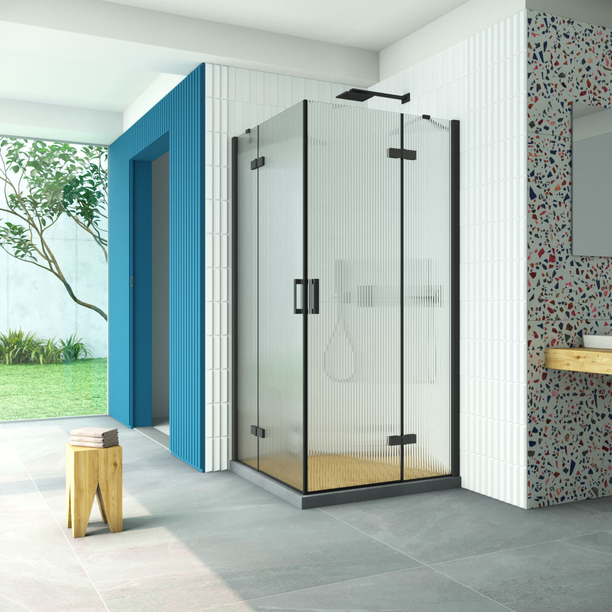 Душевой уголок Vegas Glass AFA Retta 80 02М Moru, профиль черный матовый, стекло Moru