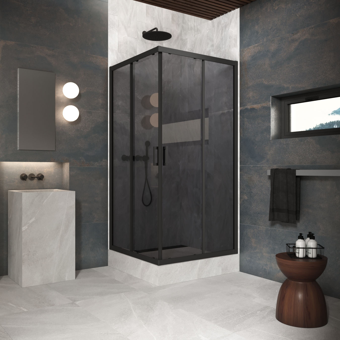 Душевой уголок Vegas Glass ZA Protec 110 02М 07, профиль черный матовый, стекло графит