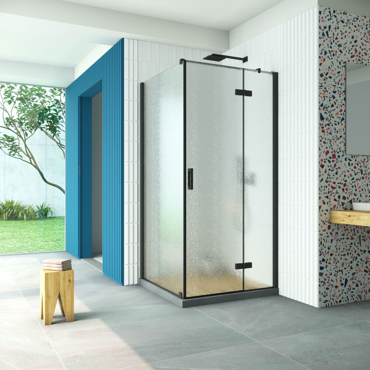 Душевой уголок Vegas Glass AFP-Fis Retta 110*120 02М 02 R, профиль черный матовый, стекло шиншилла