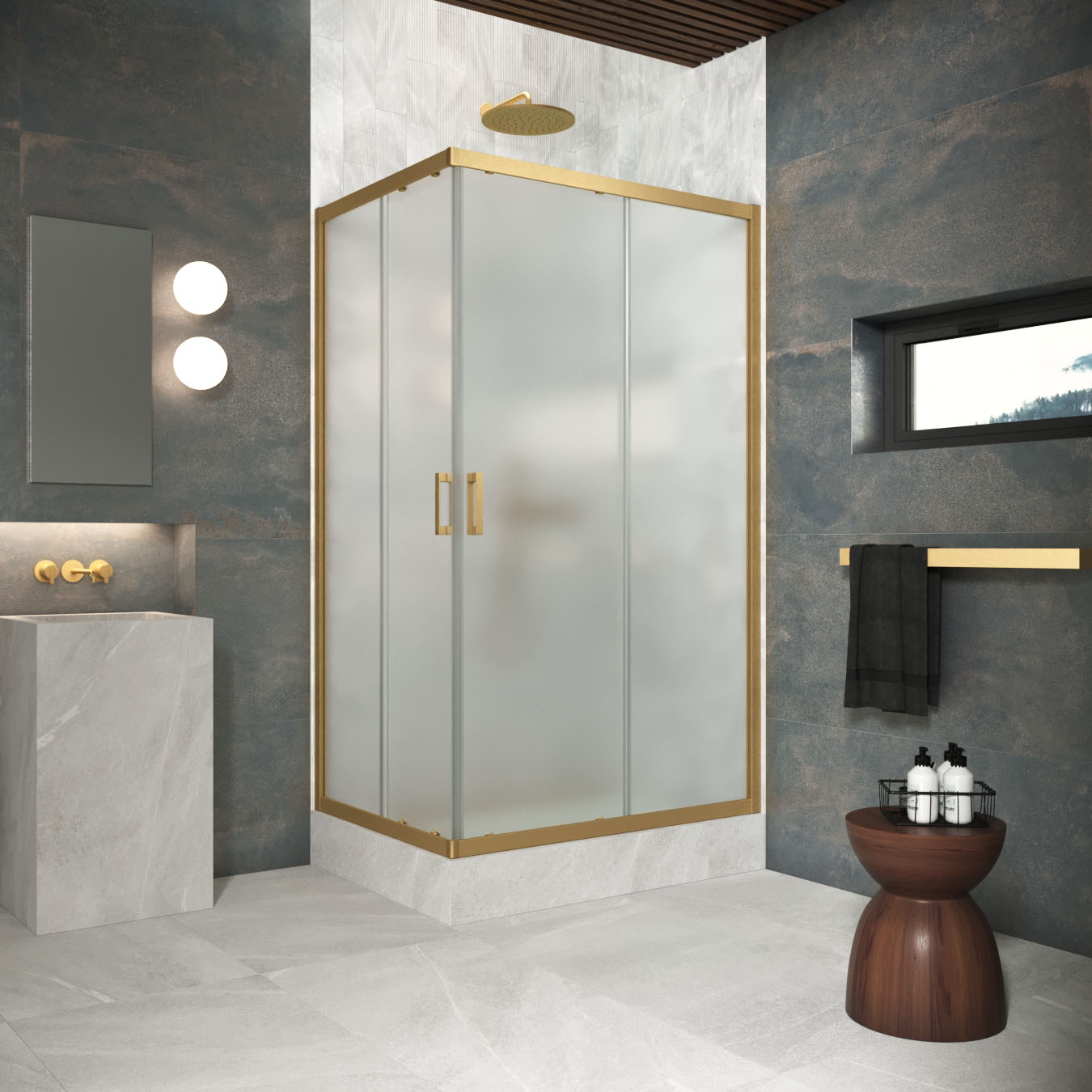 Душевой уголок Vegas Glass ZA-F Protec h1900 90*85 03 10, профиль золото матовое, стекло сатин