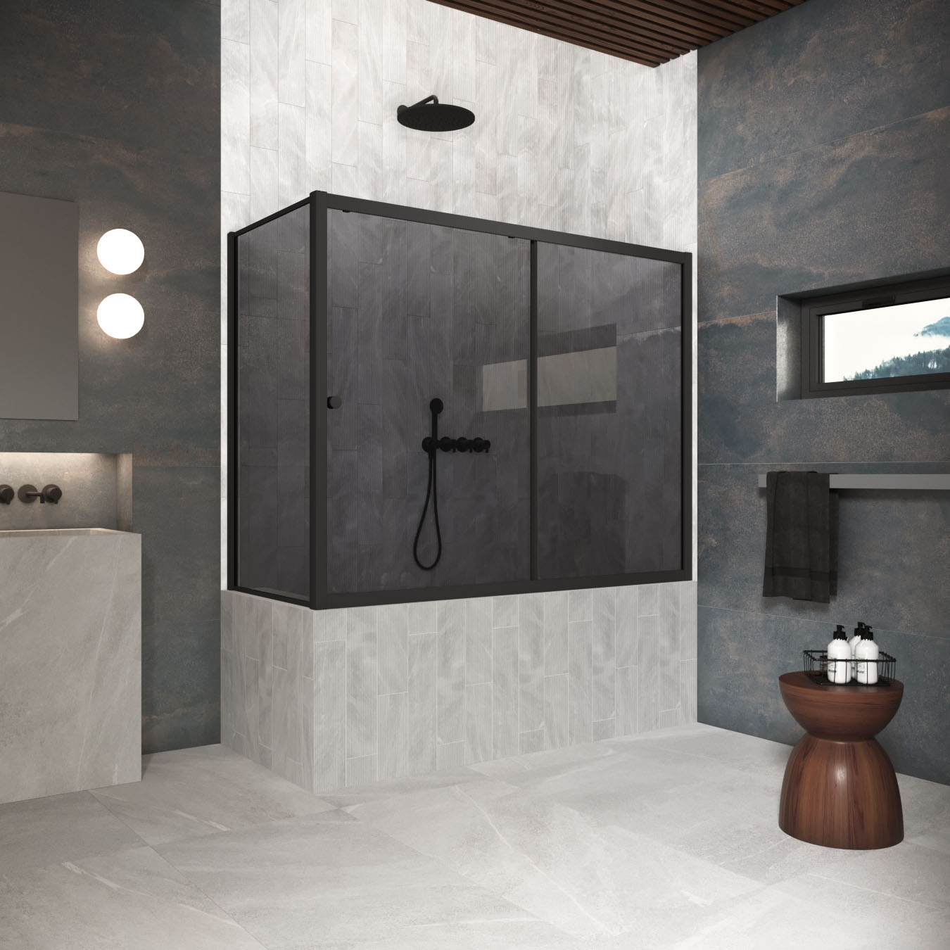 Шторка на ванну Vegas Glass  ZV+ZVF Protec 150*70 02М 07, профиль черный матовый, стекло графит