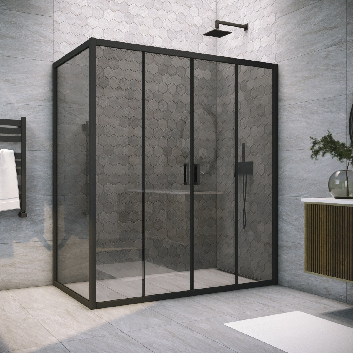 Душевой уголок Vegas Glass Z2P+ZPV NOVO h2000 205*90 02М 07, профиль черный матовый, стекло графит