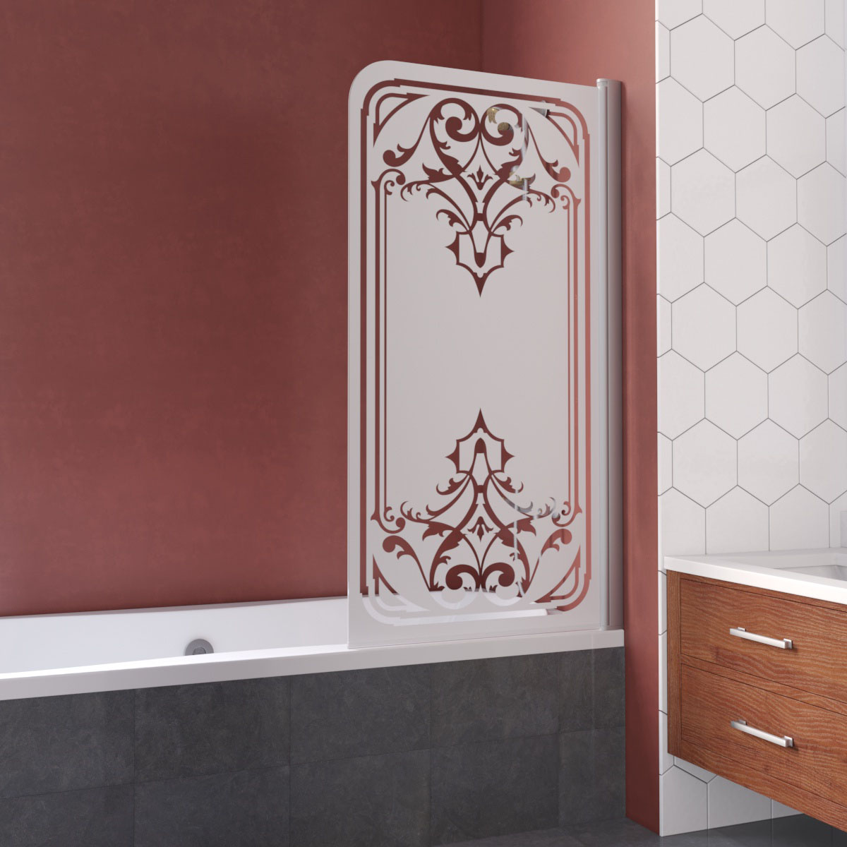 Шторка на ванну Vegas Glass EV LUX 75 07 ARTDECO D1 R, профиль матовый хром, стекло с декором