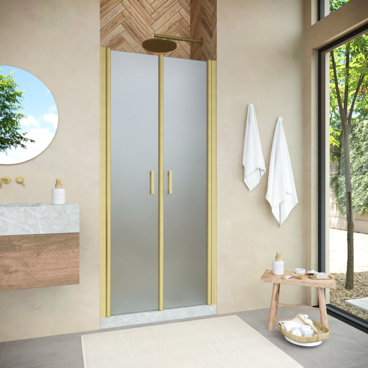 Душевая дверь в нишу Vegas Glass  E2P NOVO h2000 85 03 10, профиль золото матовое, стекло сатин