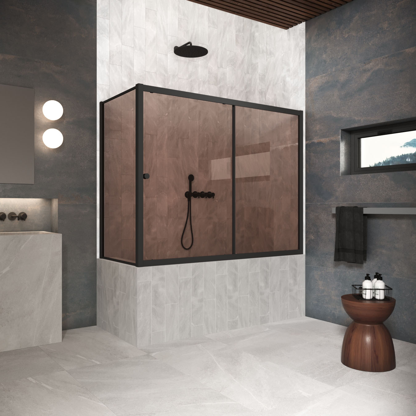 Шторка на ванну Vegas Glass  ZV+ZVF Protec 160*80 02М 05, профиль черный матовый, стекло бронза