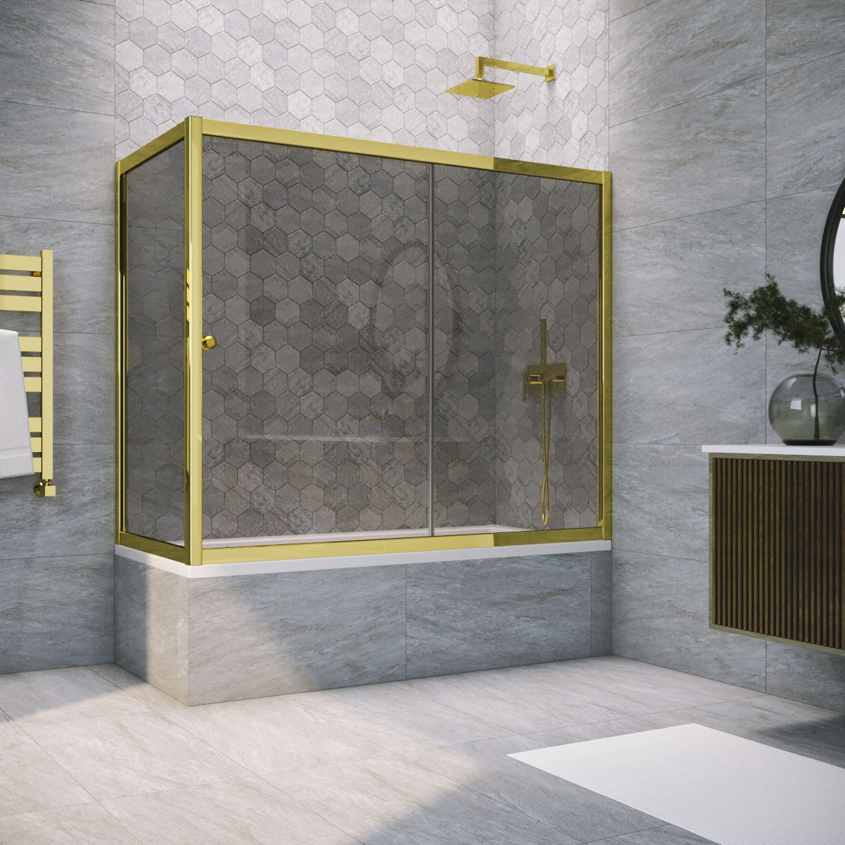 Шторка на ванну Vegas Glass ZV+ZVF TUR NOVO 150*80 09 07, профиль золото глянцевое, стекло графит