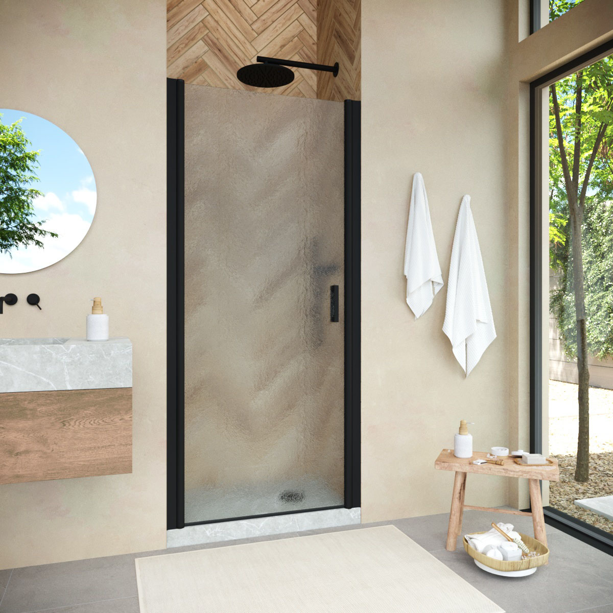 Душевая дверь в нишу Vegas Glass  EP NOVO h2000 95 02М 02, профиль черный матовый, стекло шиншилла