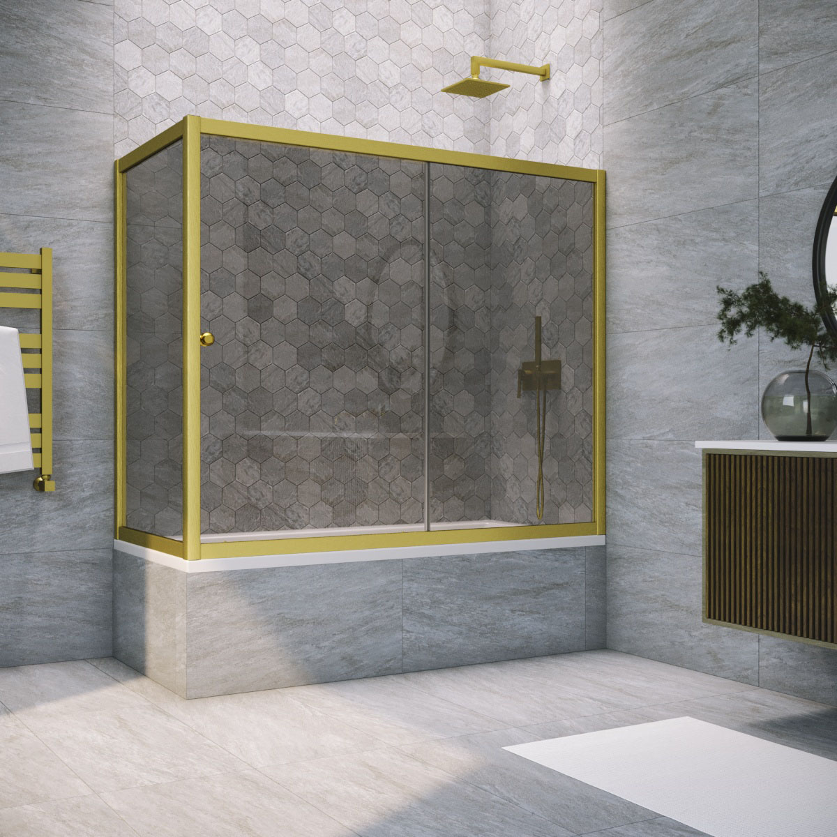 Шторка на ванну Vegas Glass ZV+ZVF NOVO 180*70 03 07, профиль золото матовое, стекло графит