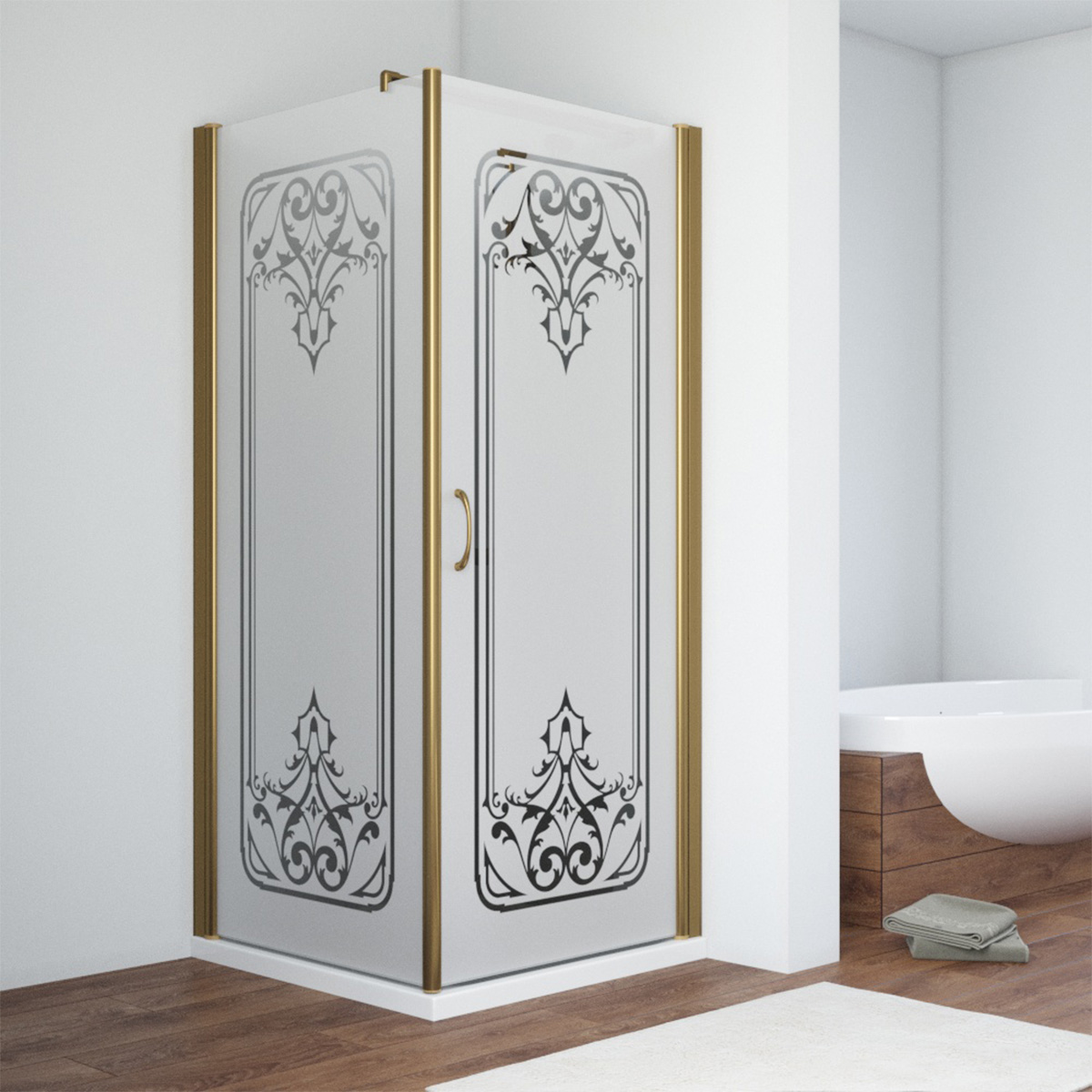 Душевой уголок Vegas Glass EP-Fis 90 05 ARTDECOR D1 R, профиль бронза, стекло сатин, рисунок прозрачный