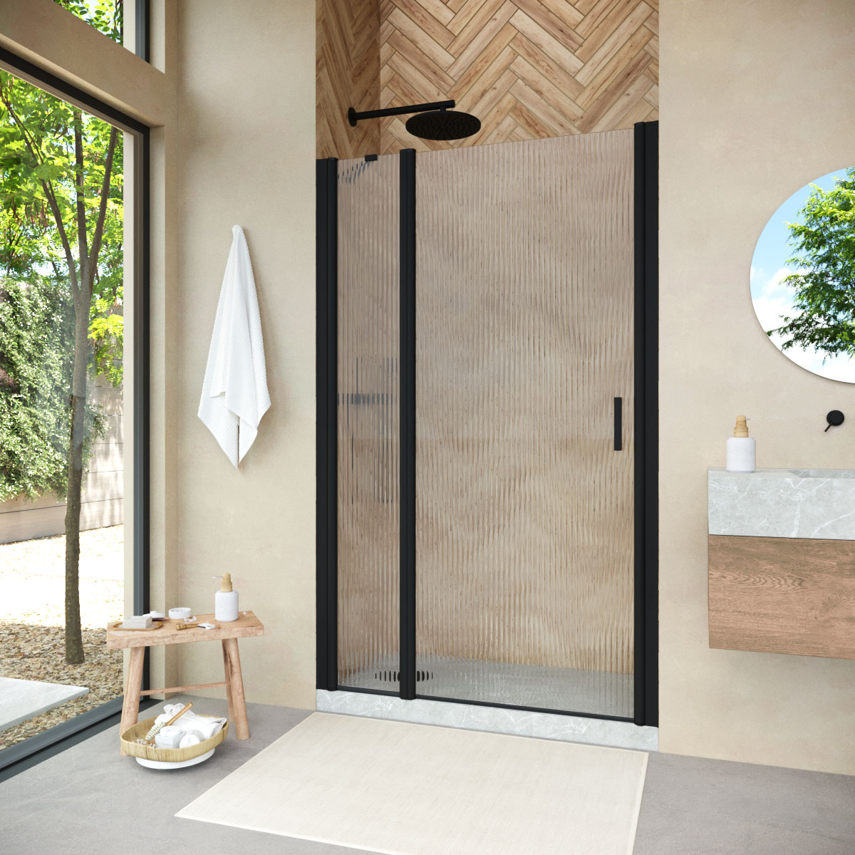 Душевая дверь в нишу Vegas Glass  EP-F-1 NOVO h2000 110 02М Moru L, профиль черный матовый, стекло Moru