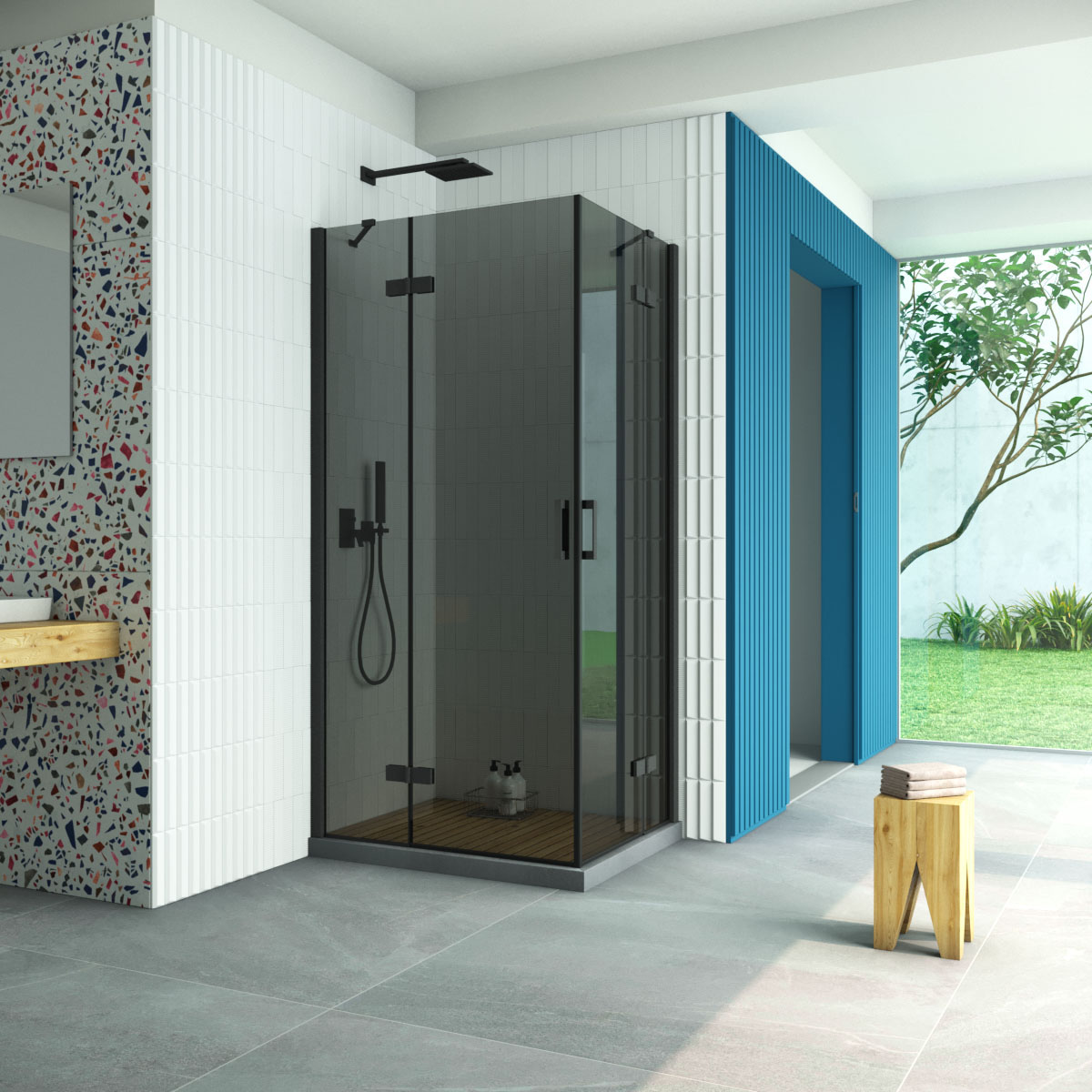 Душевой уголок Vegas Glass AFA-F Retta 100*90 02М 07 L, профиль черный матовый стекло графит