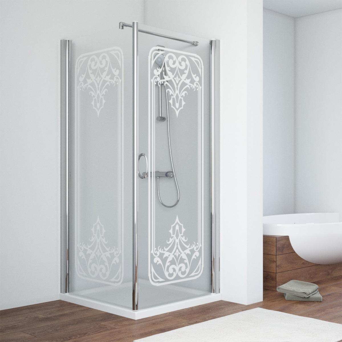 Душевой уголок Vegas Glass EP-Fis 90 08 ARTDECOR D2 R, профиль глянцевый хром, стекло прозрачное, рисунок сатин