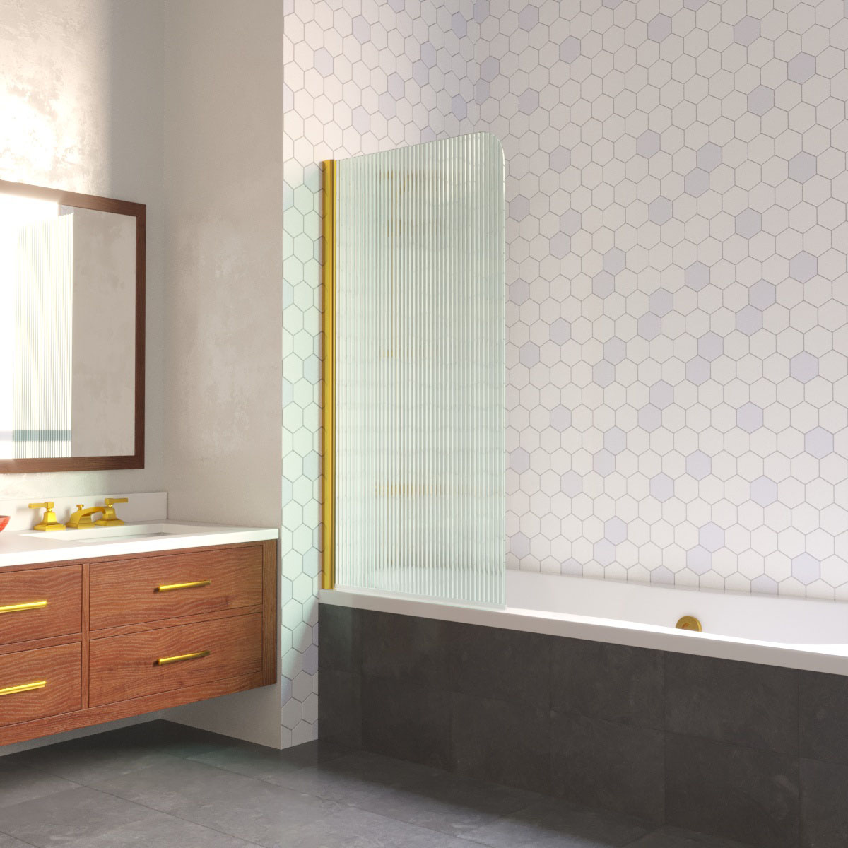 Шторка на ванну Vegas Glass  EV LUX 60 09 Moru L, профиль золото глянцевое, стекло Moru