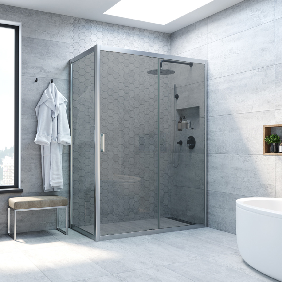 Душевой уголок Vegas Glass ZP+ZPV NOVO 160*95 07 07, профиль матовый хром, стекло графит