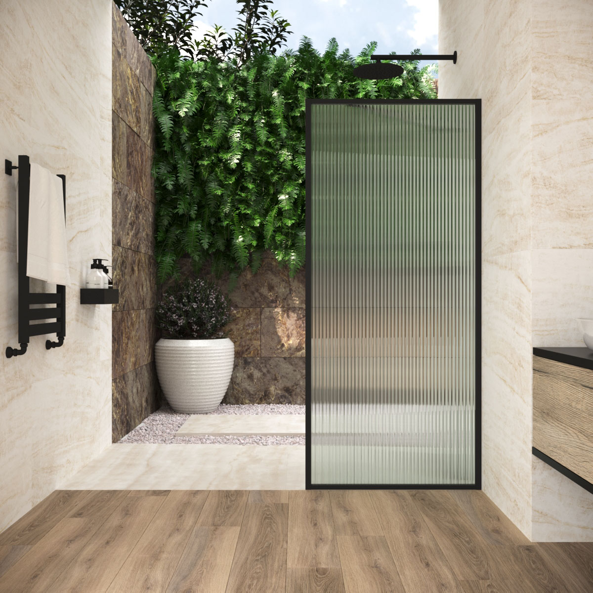 Душевая перегородка Vegas Glass EAF Frame 90 02М Moru, профиль черный матовый, стекло Moru