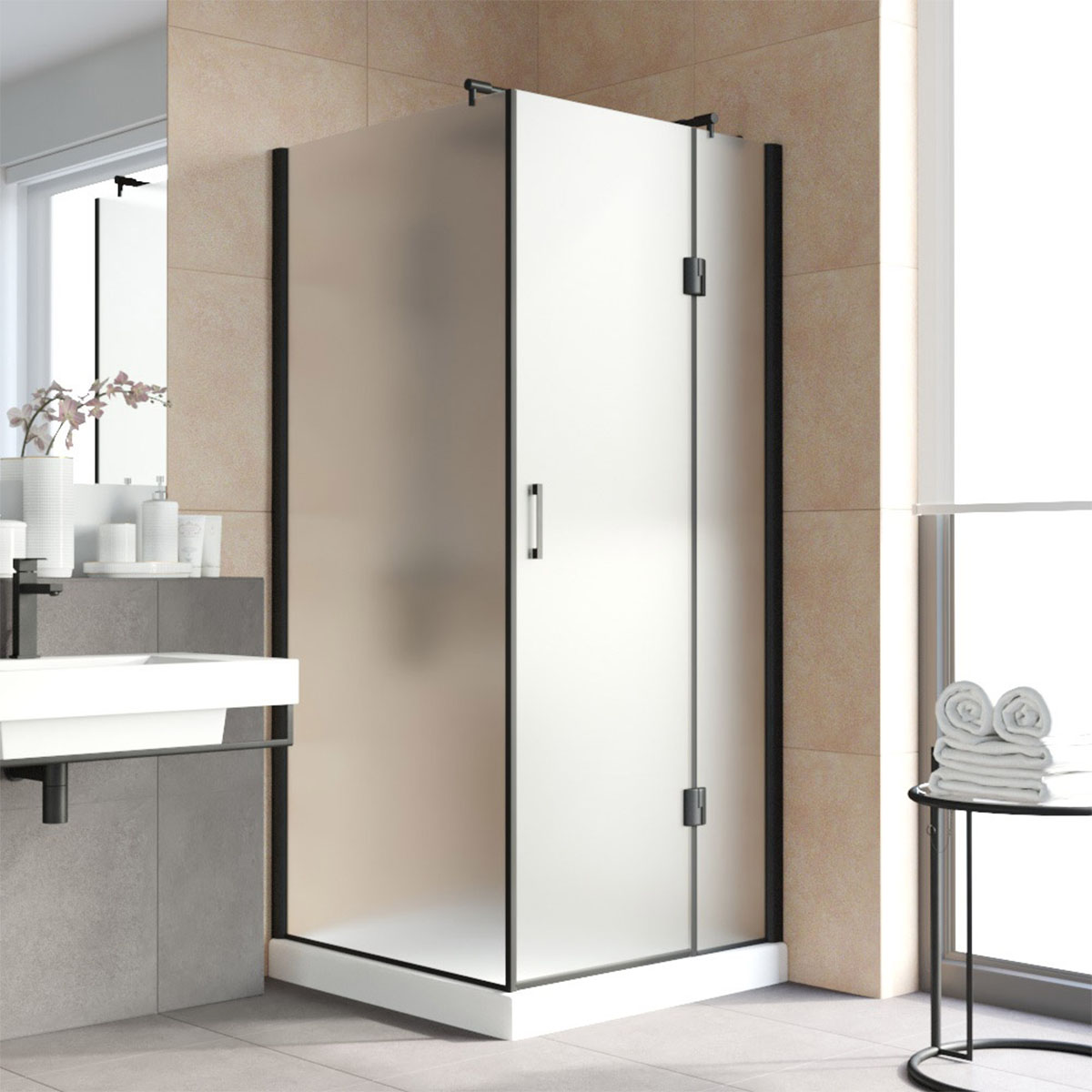 Душевой уголок Vegas Glass AFP-Fis LUX 110*80 02М 10 R, профиль черный матовый, стекло сатин