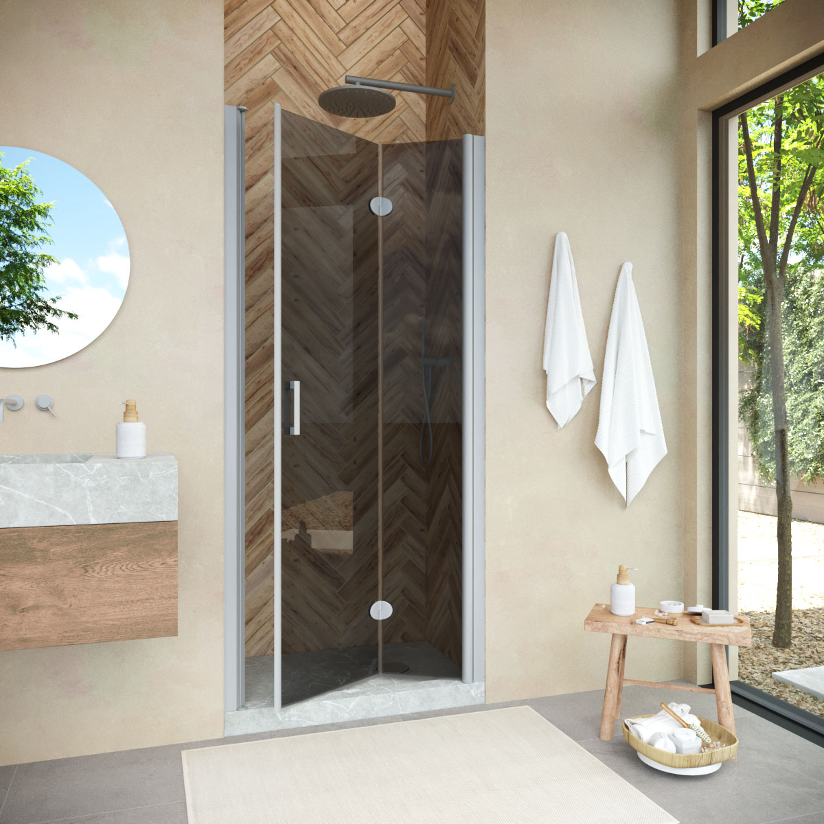 Душевая дверь в нишу Vegas Glass GPS NOVO 75 07 07, профиль матовый хром, стекло графит