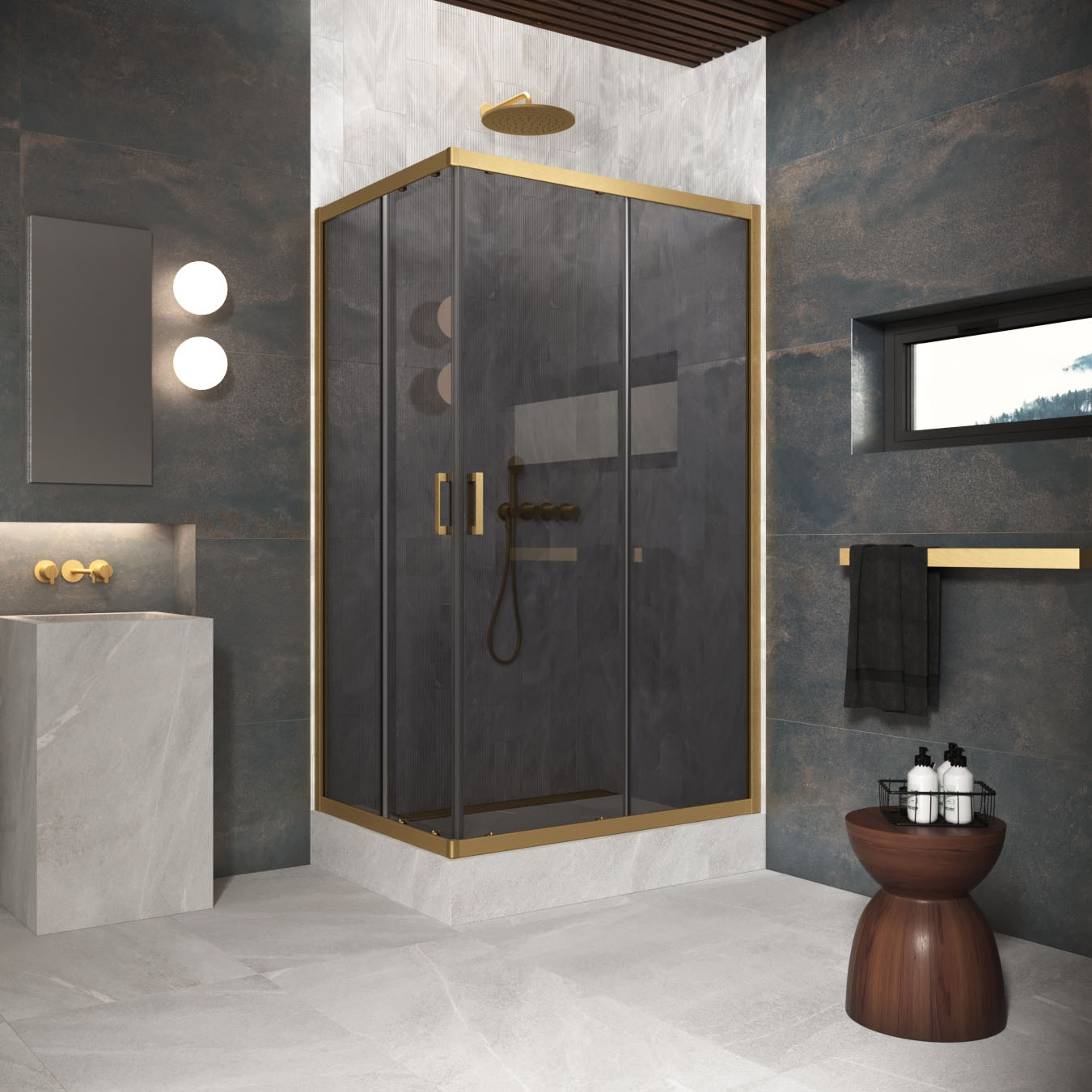 Душевой уголок Vegas Glass ZA-F Protec h1900 120*100 03 07, профиль золото матовое, стекло графит