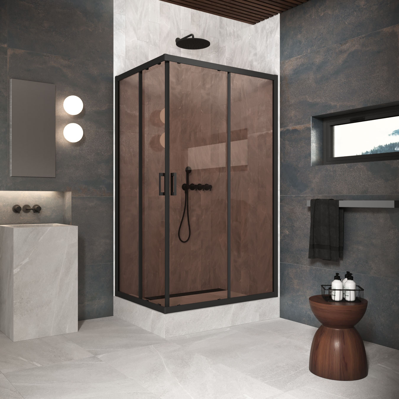 Душевой уголок Vegas Glass ZA-F Protec h1900 120*110 02М 05, профиль черный матовый, стекло бронза