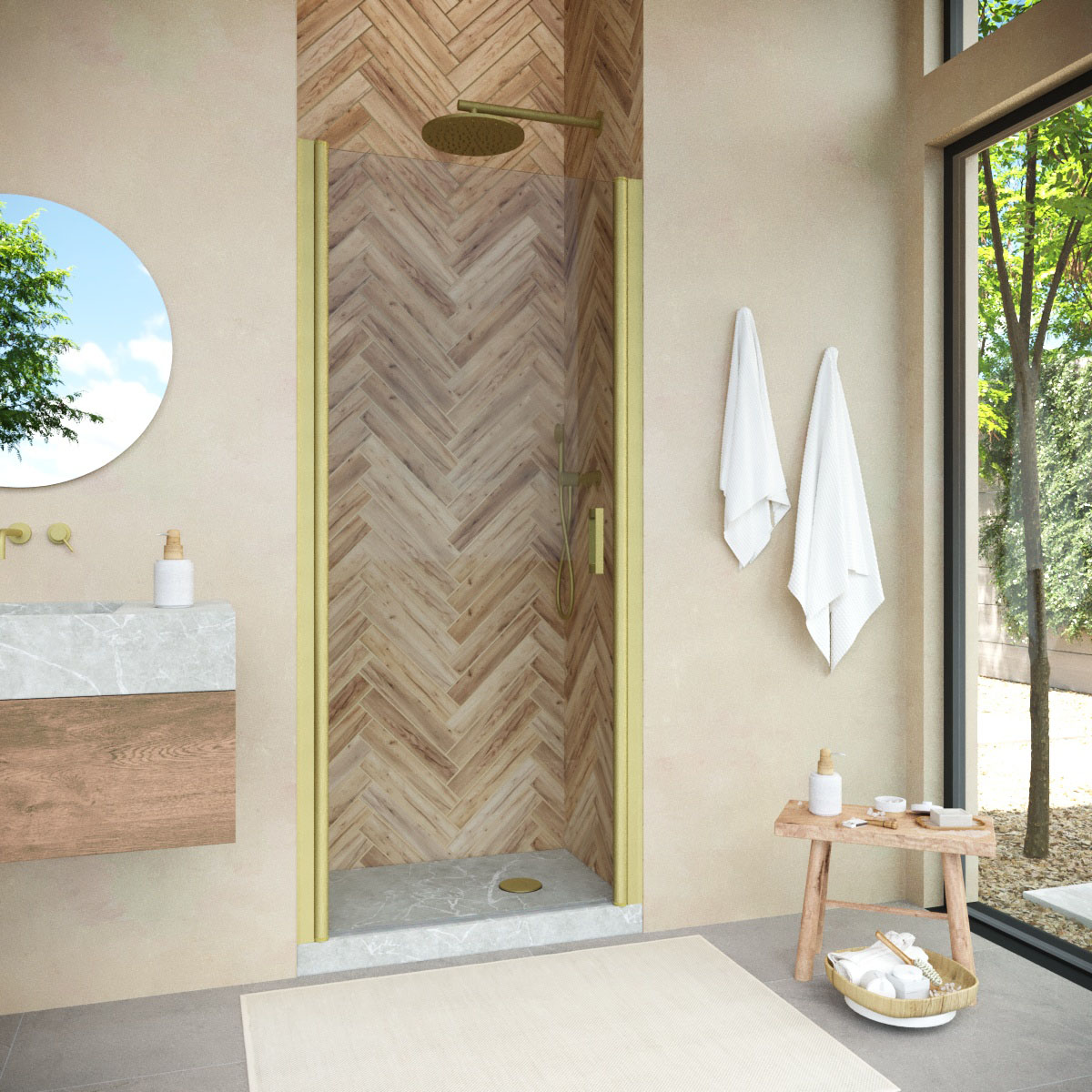 Душевая дверь в нишу Vegas Glass  EP NOVO 85 03 01, профиль золото матовое, стекло прозрачное