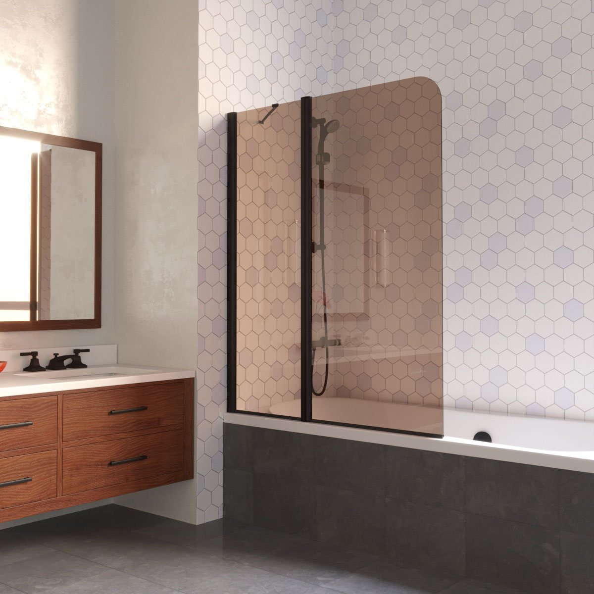 Шторка на ванну Vegas Glass  E2V LUX ST 125 02М 05 L, профиль черный матовый, стекло бронза