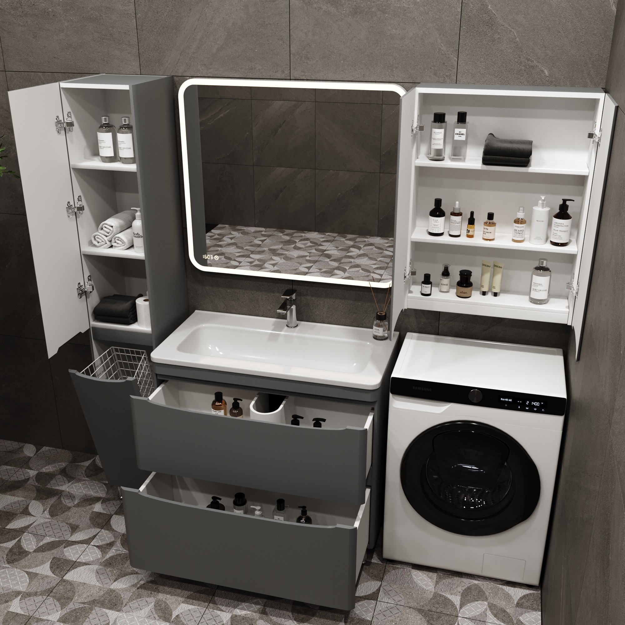 Тумба с раковиной Style Line Бергамо мини 90 2 ящика Люкс антискрейтч серая, Plus напольная