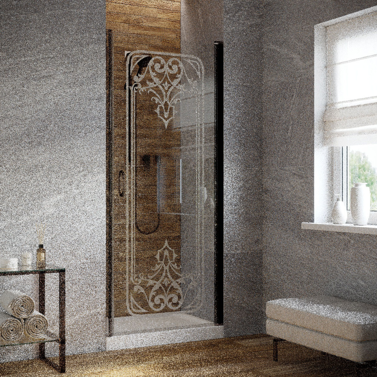 Душевая дверь в нишу Vegas Glass EP LUX 85 05 ARTDECO D1 R, профиль бронза, стекло прозрачное, рисунок сатин