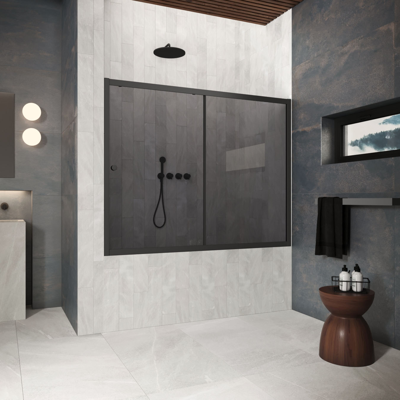 Шторка на ванну Vegas Glass  ZV Protec 170 02М 07, профиль черный матовый, стекло графит