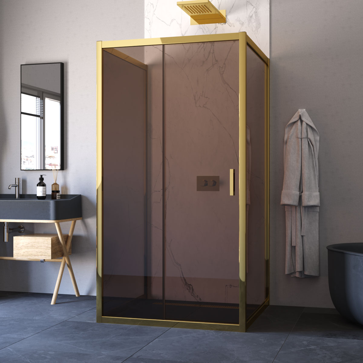 Душевой уголок Vegas Glass ZP-U TUR NOVO 100*100 09 05, профиль золото глянцевое, стекло бронза