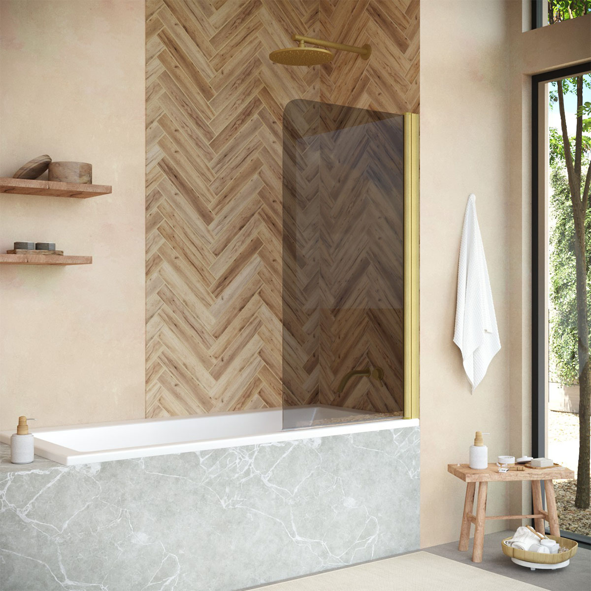 Шторка на ванну Vegas Glass  EV NOVO 60 03 07, профиль золото матовое, стекло графит