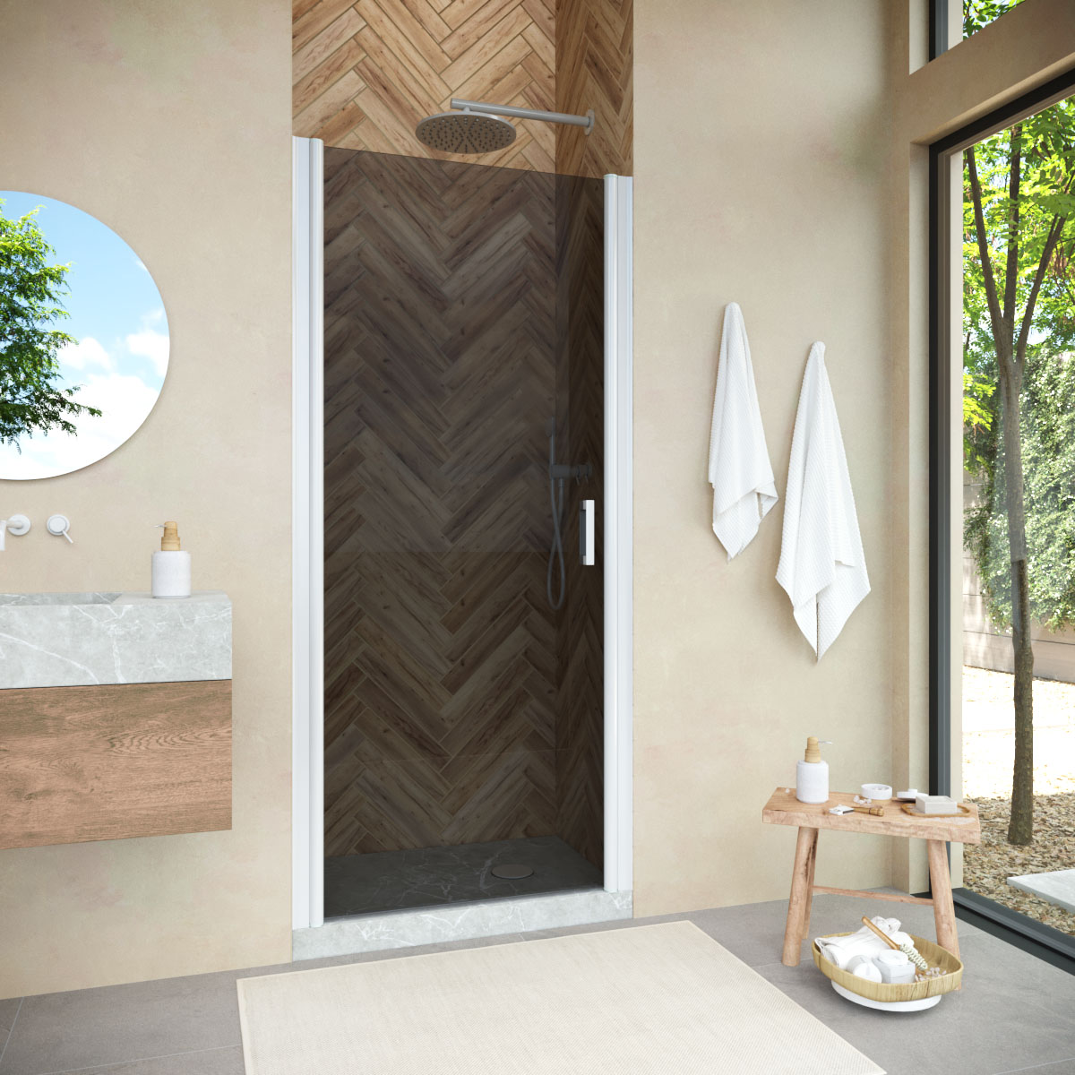 Душевая дверь в нишу Vegas Glass ЕР NOVO 75 01 07, профиль белый, стекло графит