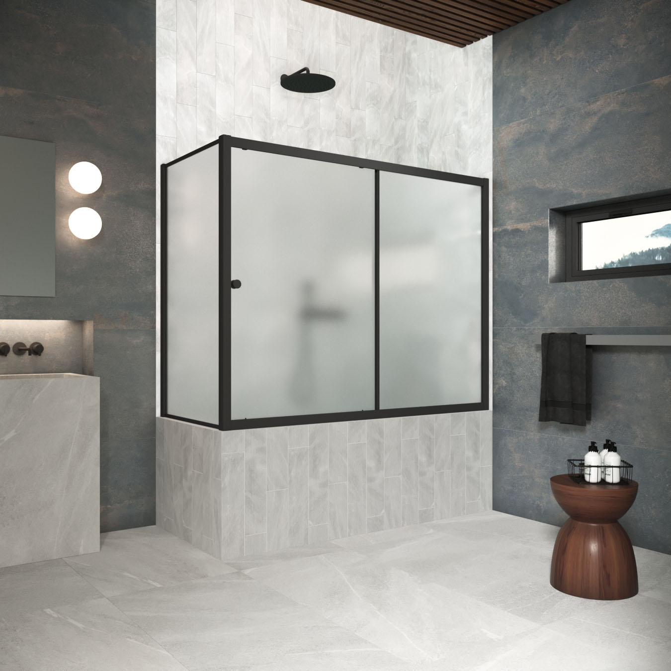 Шторка на ванну Vegas Glass  ZV+ZVF Protec 170*70 02М 10, профиль черный матовый, стекло сатин