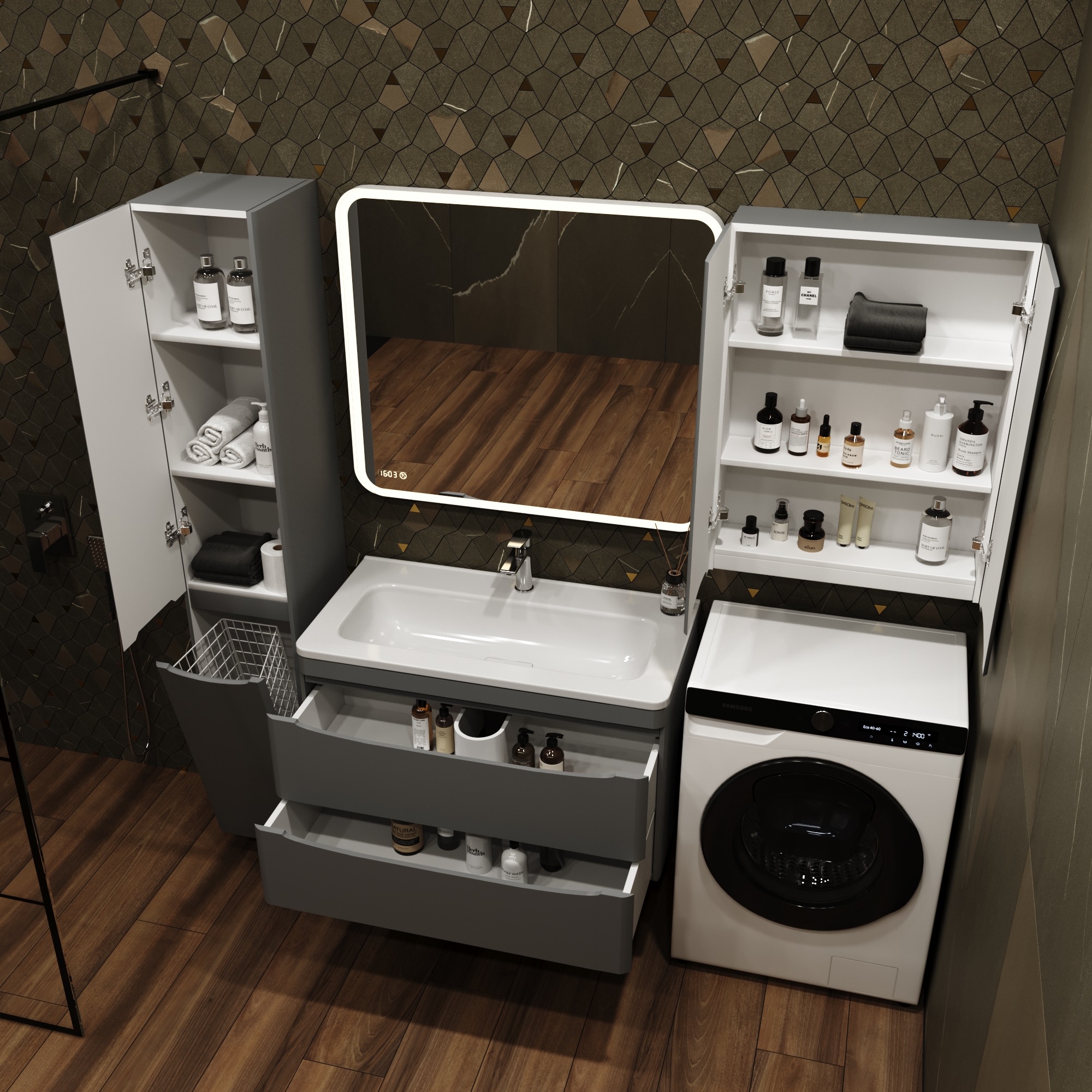 Тумба с раковиной Style Line Бергамо мини 90 2 ящика Люкс антискрейтч серая, Plus подвесная