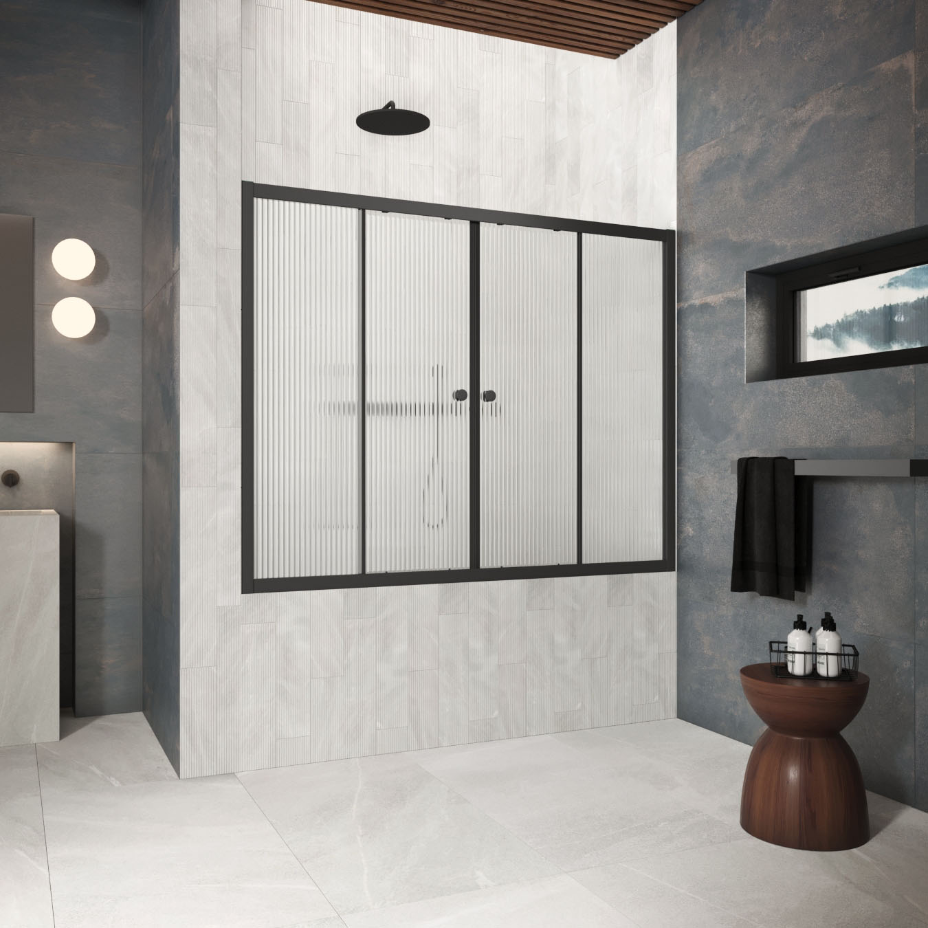 Шторка на ванну Vegas Glass  Z2V Protec 200 02М Moru, профиль черный матовый, стекло Moru