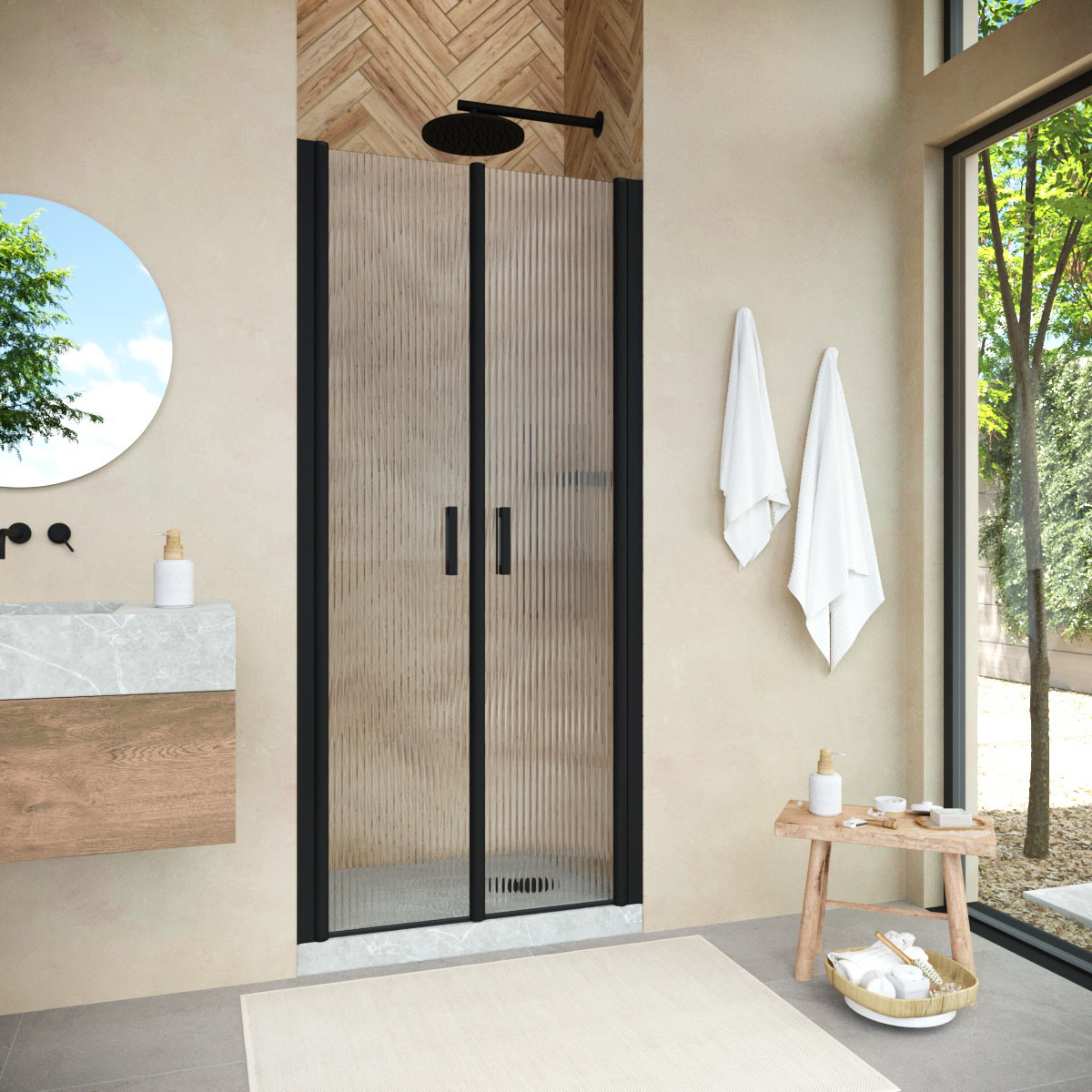 Душевая дверь в нишу Vegas Glass  E2P NOVO h2000 90 02М Moru, профиль черный матовый, стекло Moru