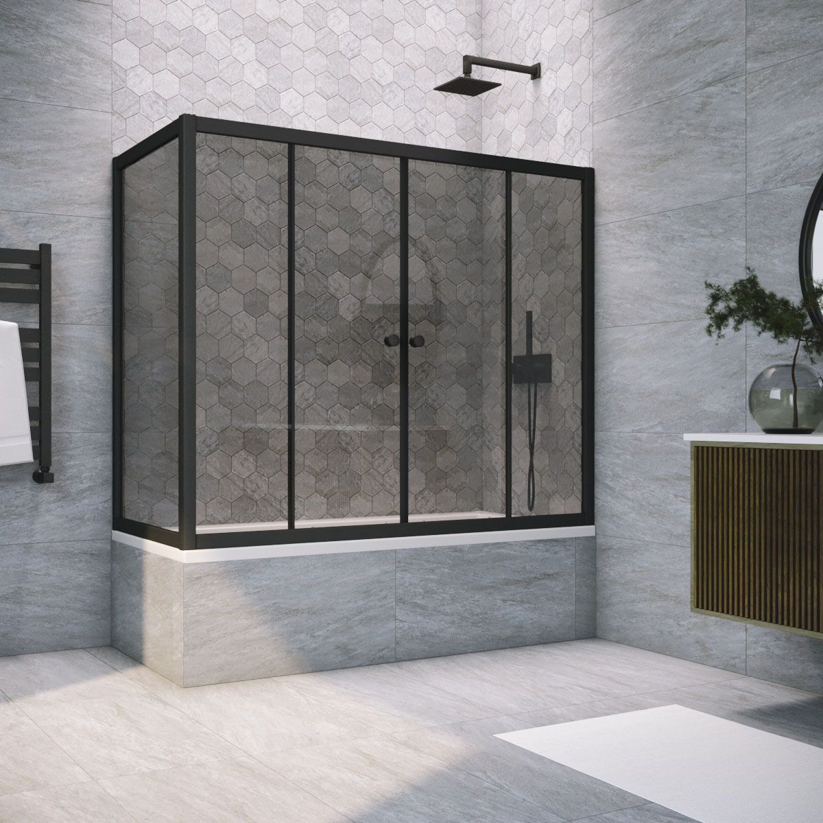 Шторка на ванну Vegas Glass Z2V+ZVF NOVO 160*70 02М 07, профиль черный матовый, стекло графит